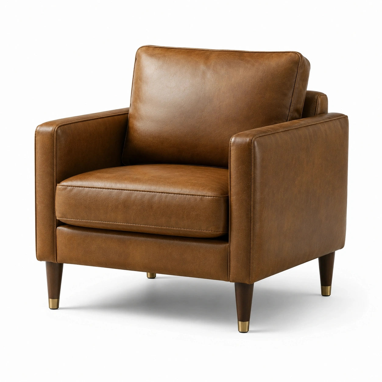 Sillón de cuero sintético marrón con patas de madera