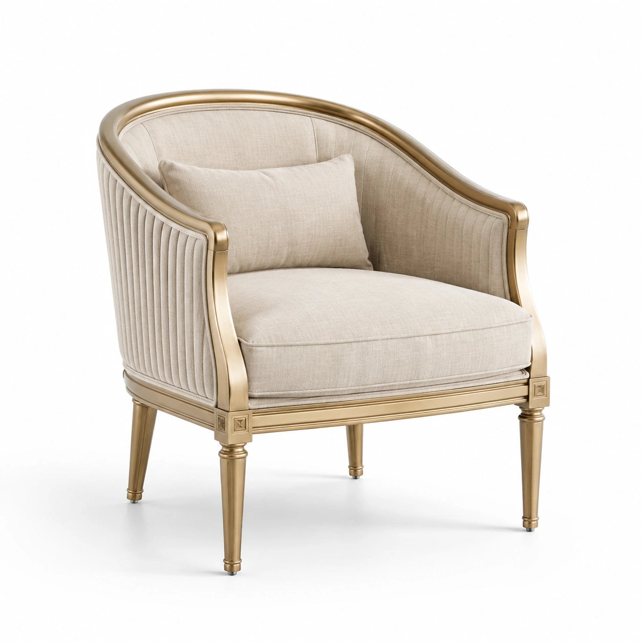 Sillón redondo dorado con tapizado de lino