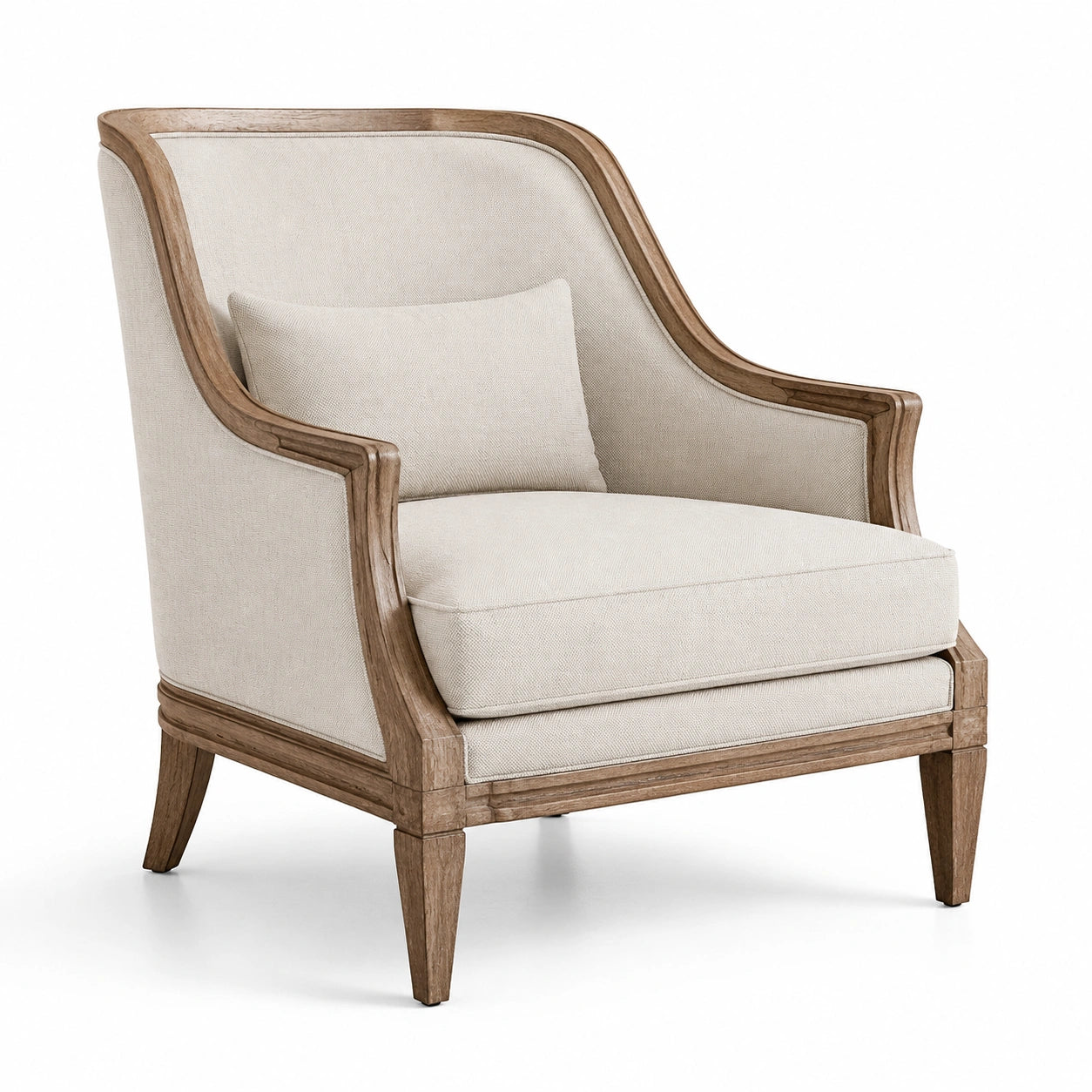 Sillón de lino beige con estructura de madera maciza