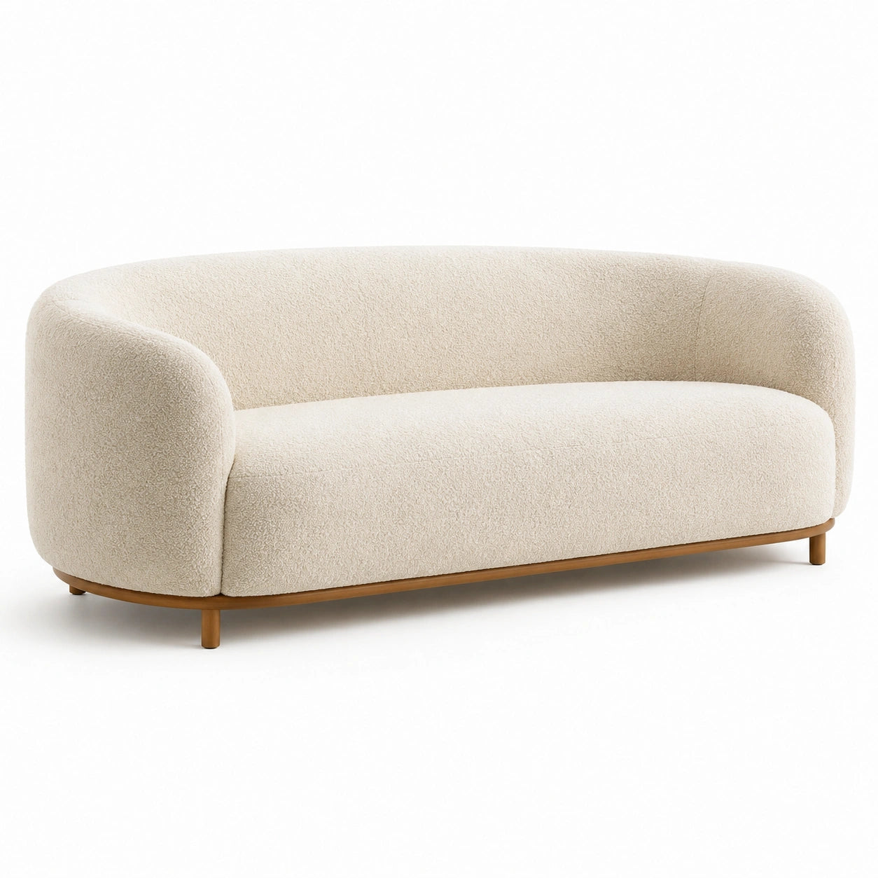 Sofá curvo de tela bouclé beige con base de madera de 220 cm
