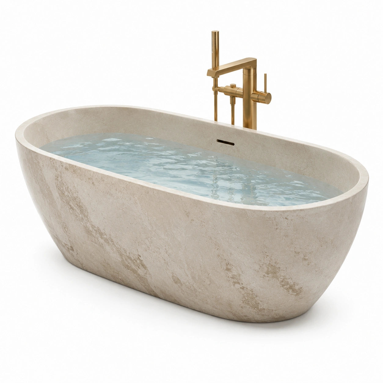 Bañera de mármol beige con grifo de latón