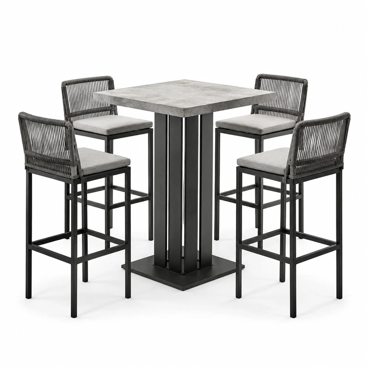 Conjunto de bar de acero y cuerda sintética gris con mesa y 4 sillas