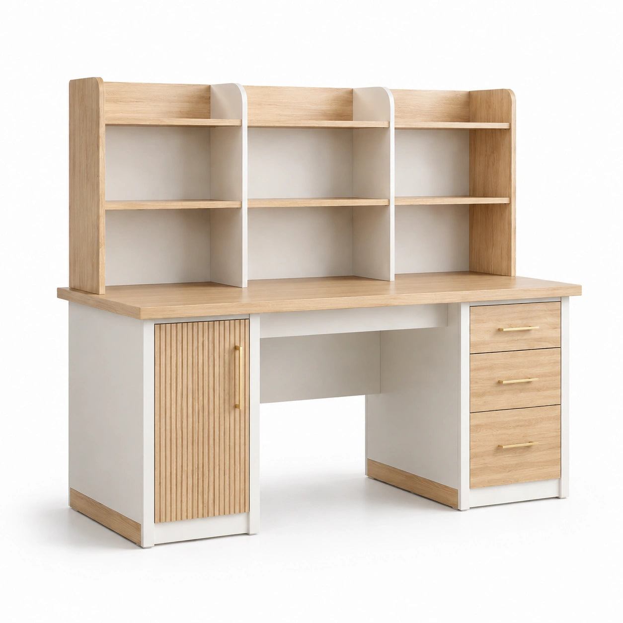 Escritorio de madera laminada y melamina con estantería y cajones, 150x60x150 cm