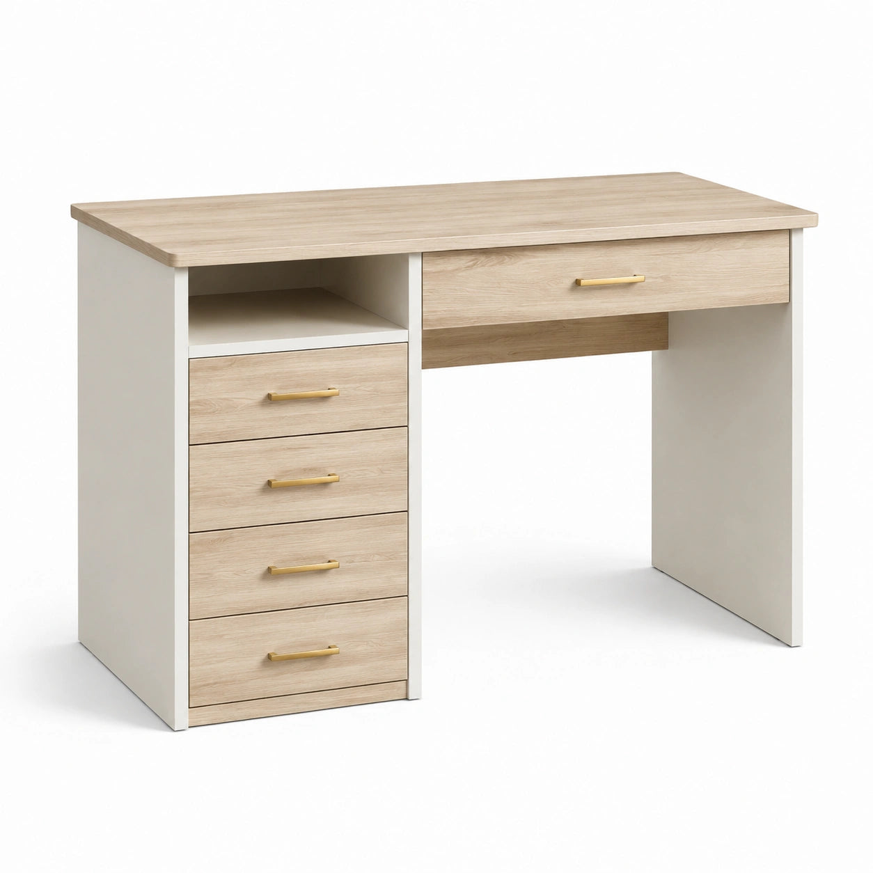 Escritorio de MDF con cajones y estante abierto 120x50x75 cm blanco y madera natural