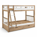 Litera de madera de pino con cajones y escalera inclinada beige y blanca