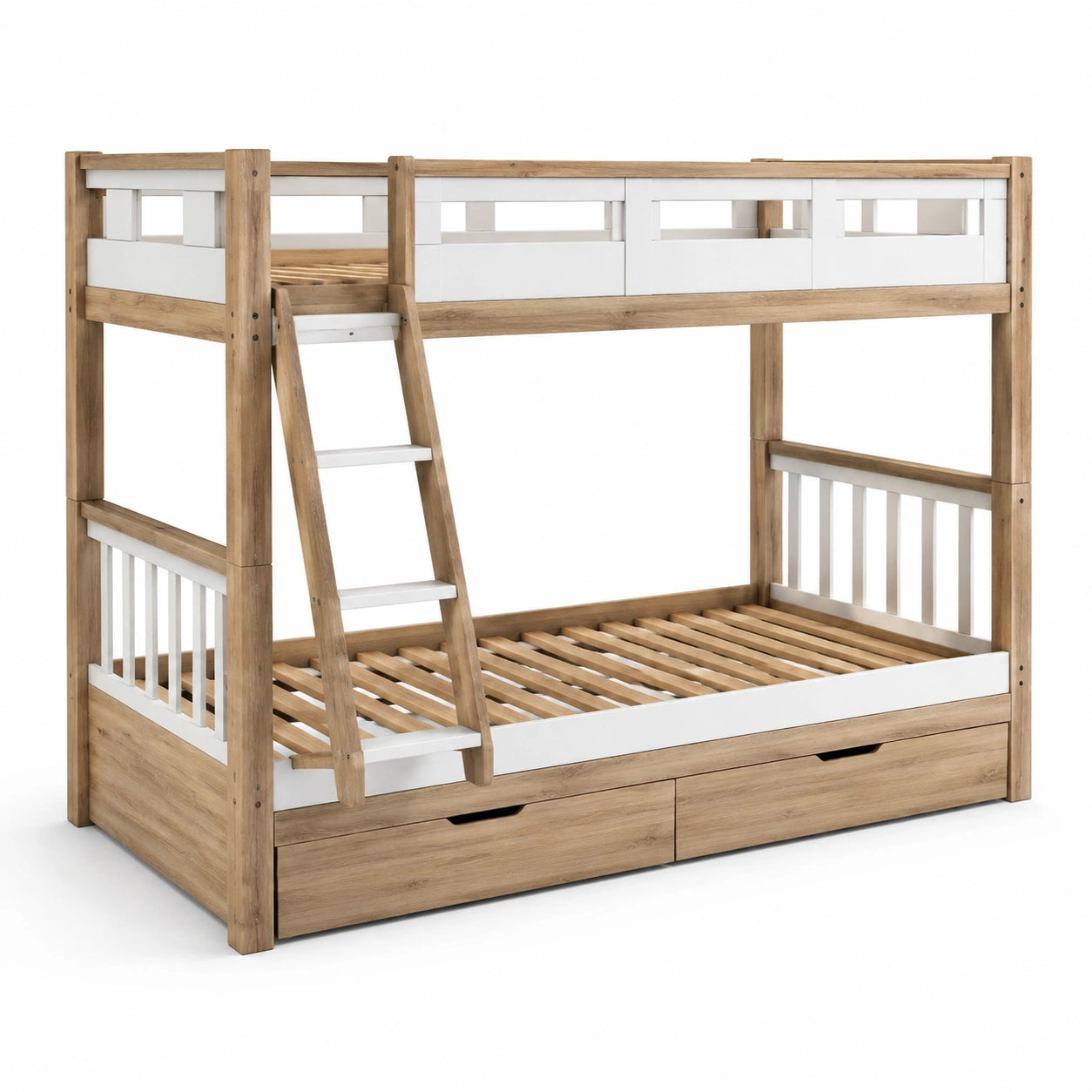 Litera de madera de pino con cajones y escalera inclinada beige y blanca