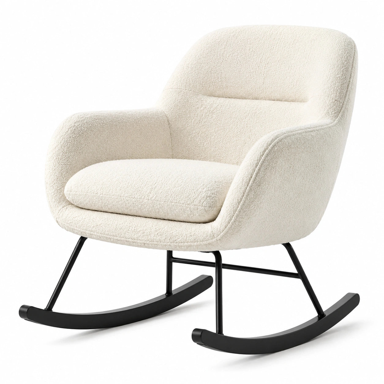 Mecedora de tela bouclé crema con estructura de metal
