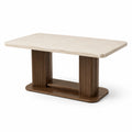 Mesa de comedor de mármol travertino con base de madera chapada